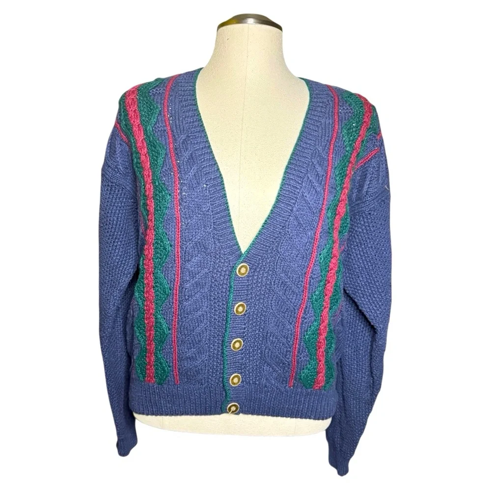 417 Van Heusen Vintage Button Down V-Neck Navy Blue Hand Knit Cardigan